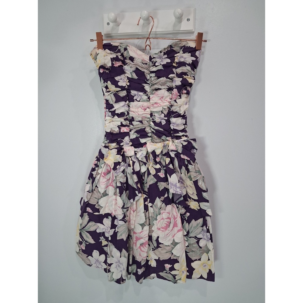 Vintage 80s Floral Strapless Smocked Mini Dress My Michelle Purple Cotton 11/12